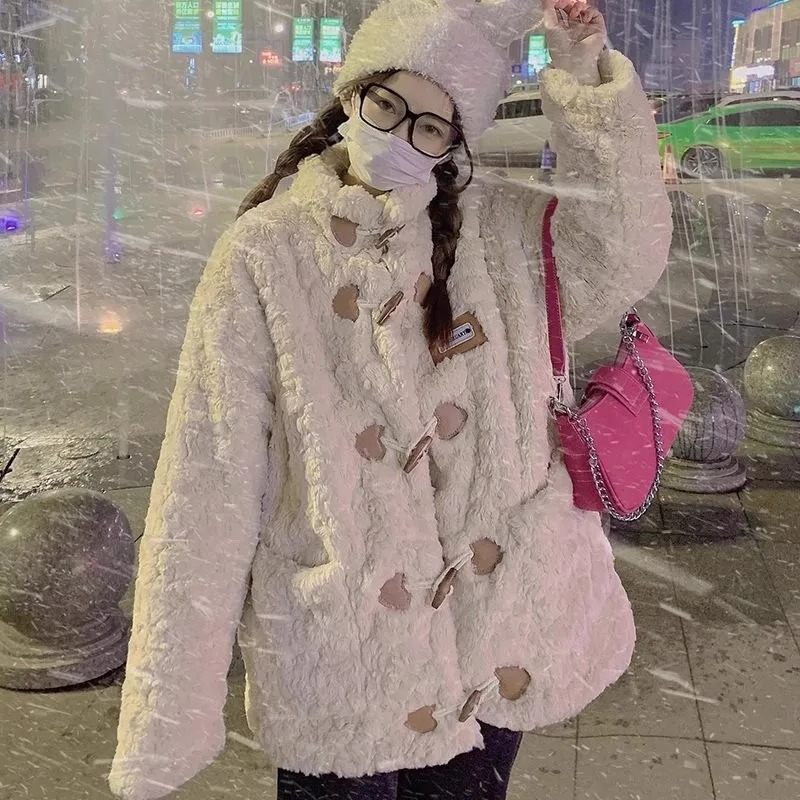 2023 new imitation rabbit velvet love horn buckle age-reducing furry warm fur lamb plush jacket for women winter