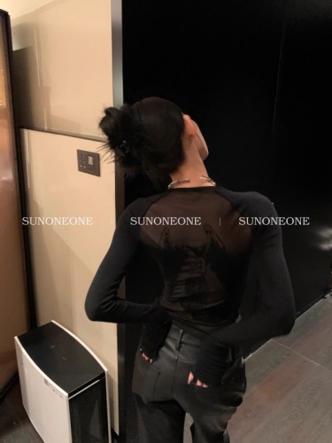 SUNONEONE 植绒印花辣妹打底衫女秋季甜辣设计感修身显瘦长袖上衣