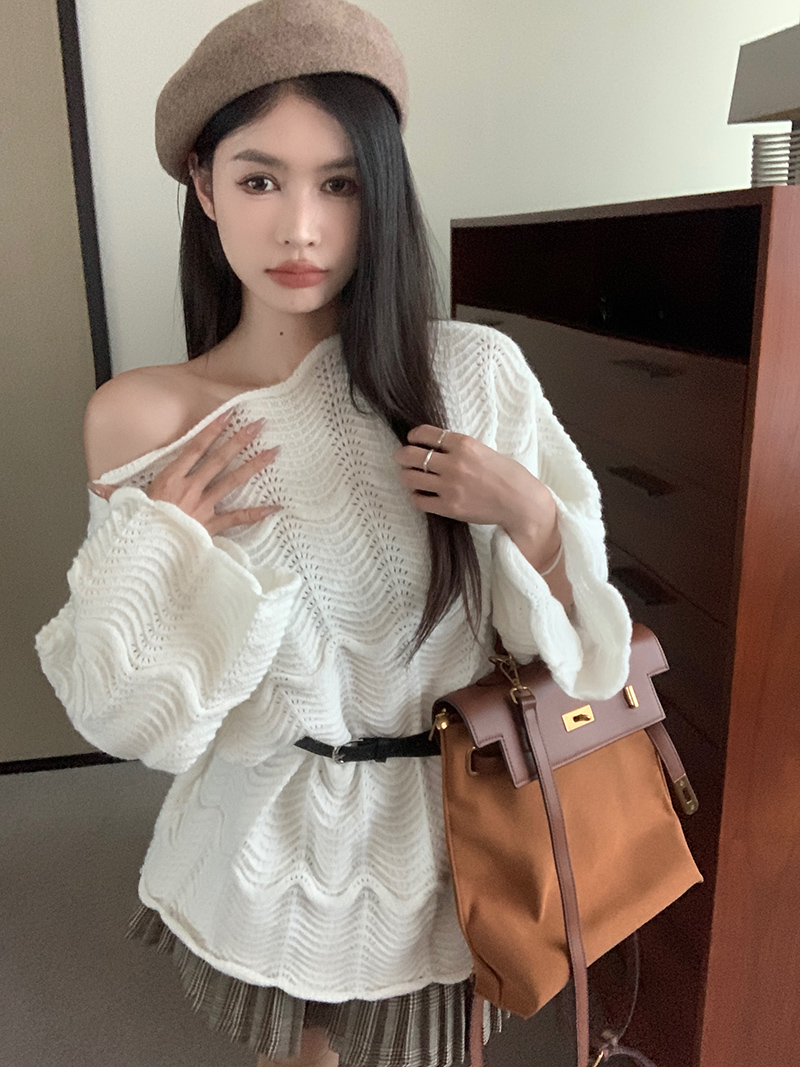 實拍！慵懶風鏤空圓領套頭毛衣女秋冬寬鬆中長款針織上衣2304