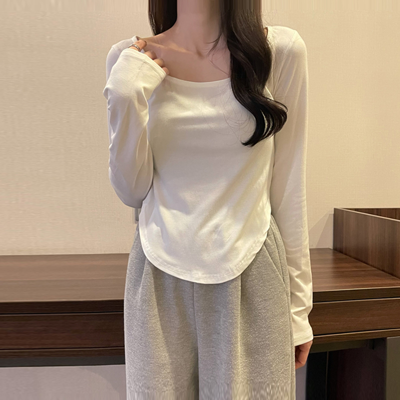 Official photo double-sided German velvet brushed warm square neck T-shirt women's long-sleeved bottoming shirt