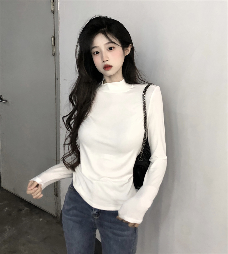 實拍 純棉半高領打底衫女秋季新款內搭顯瘦黑色長袖T恤別致上衣潮