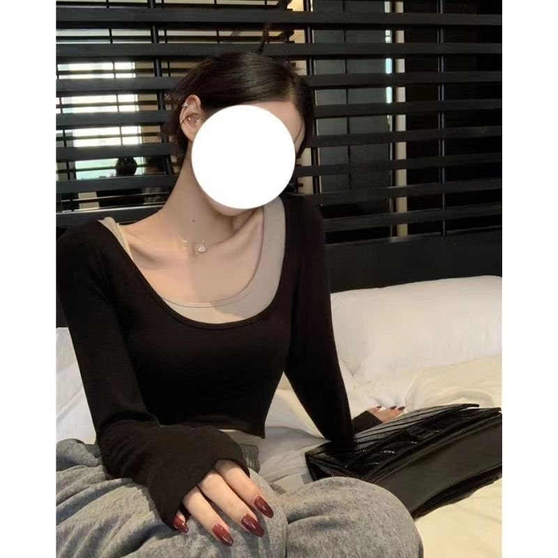 德絨假兩件早秋性感假兩件小眾長袖t恤女辣妹打底衫設計感短款
