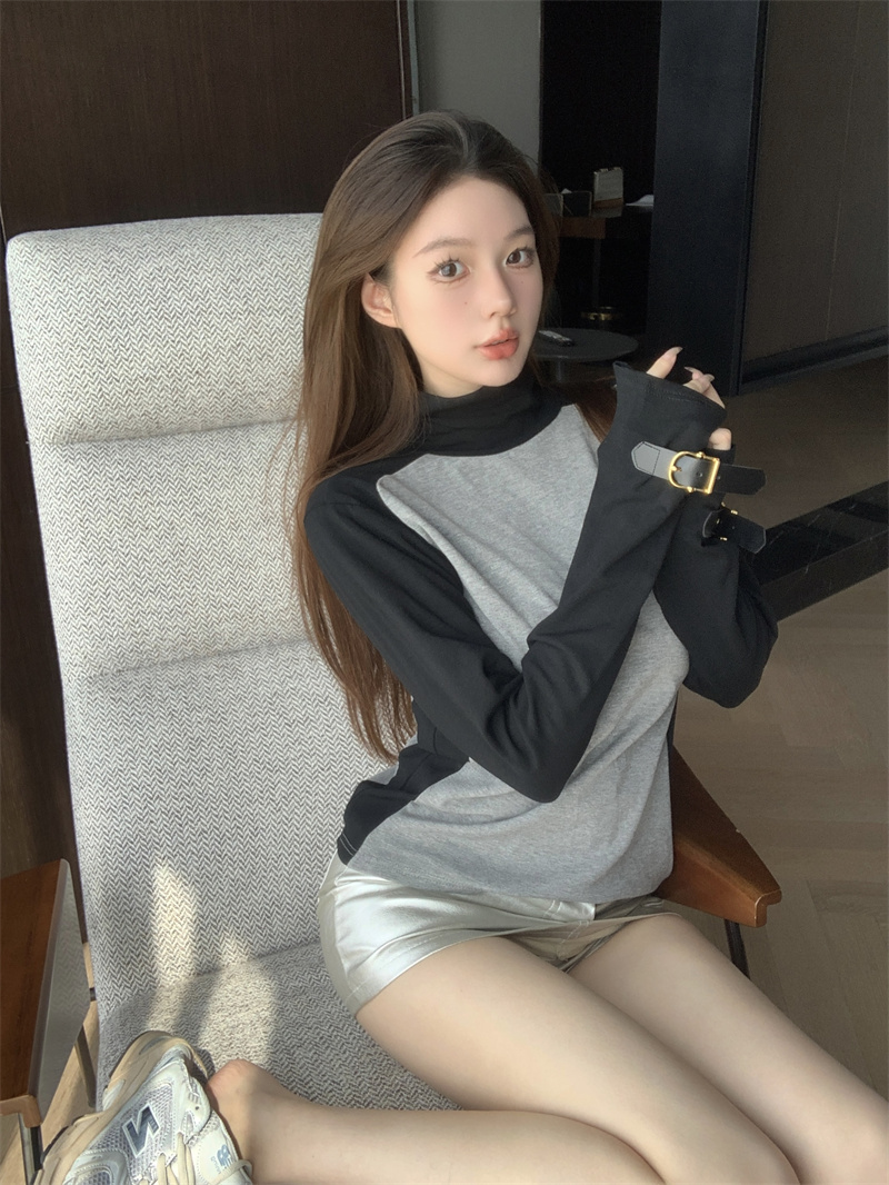 實拍  磨毛撞色T恤女秋季修身顯瘦打底衫內搭高領長袖上衣