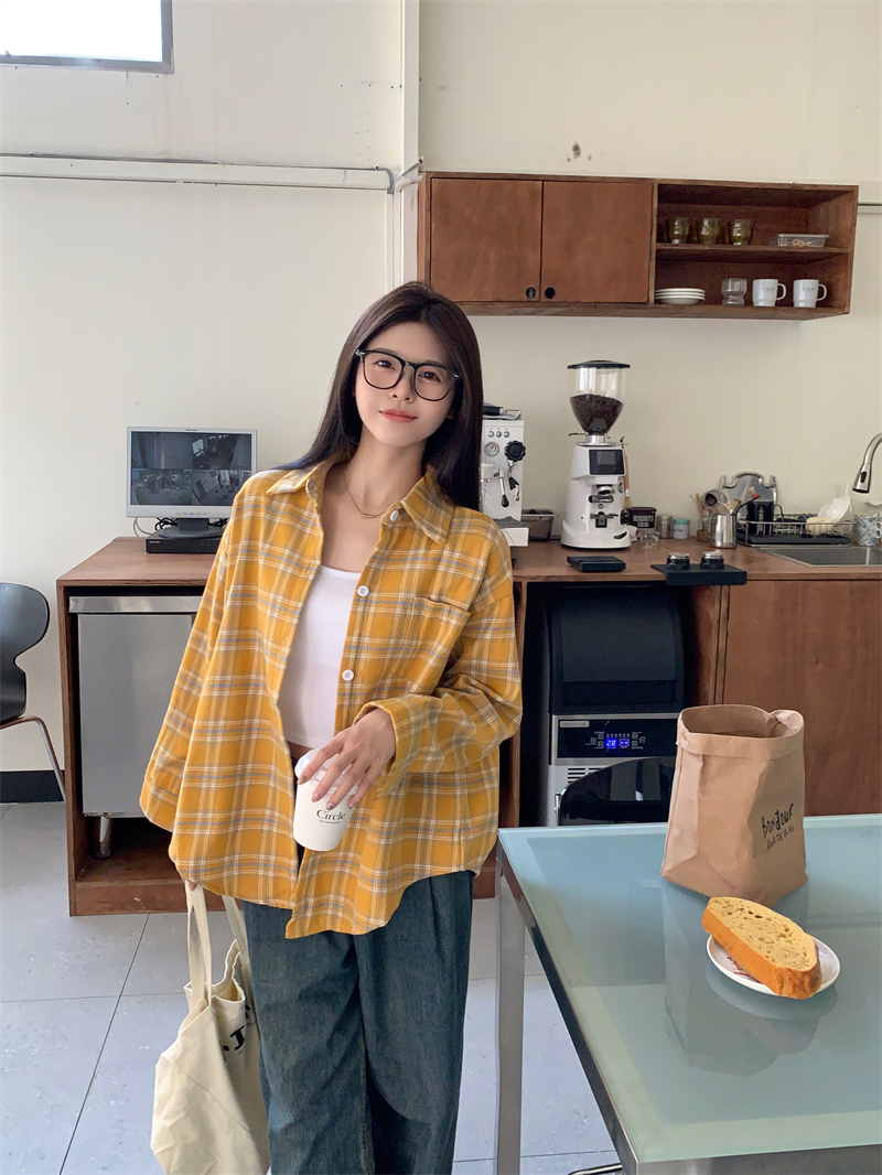 實拍 秋冬新款韓版經典格子寬鬆翻領加絨加厚襯衫外套上衣女