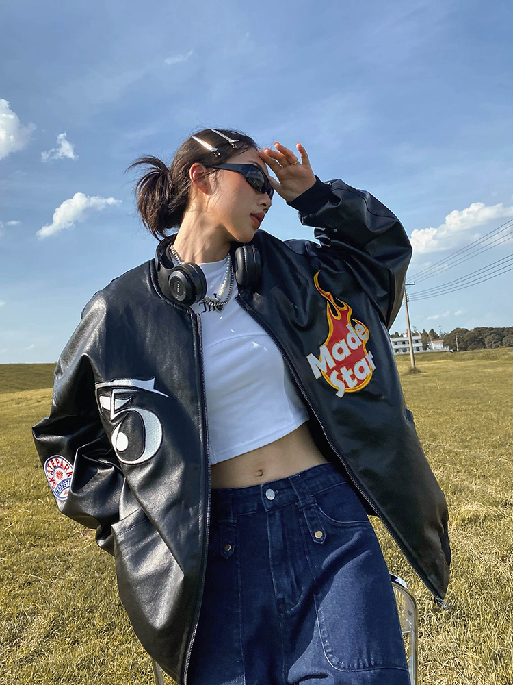 美式街頭hiphop字母火焰刺繡PU皮棒球服外套女春秋潮牌設計感夾克