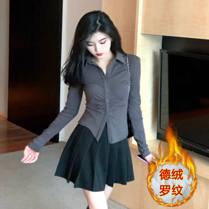 秋冬德絨純欲風保暖襯衫女長袖襯衣設計感辣妹內搭上衣