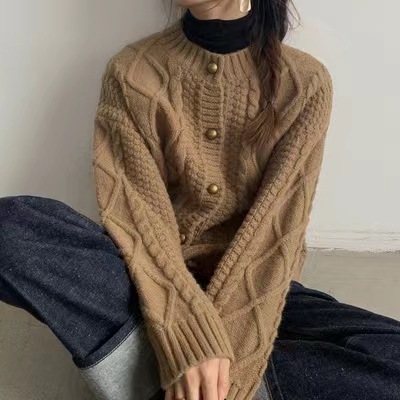 韓國春秋復古麻花針織開衫女慵懶風寬鬆外套加厚粗線百搭外穿毛衣