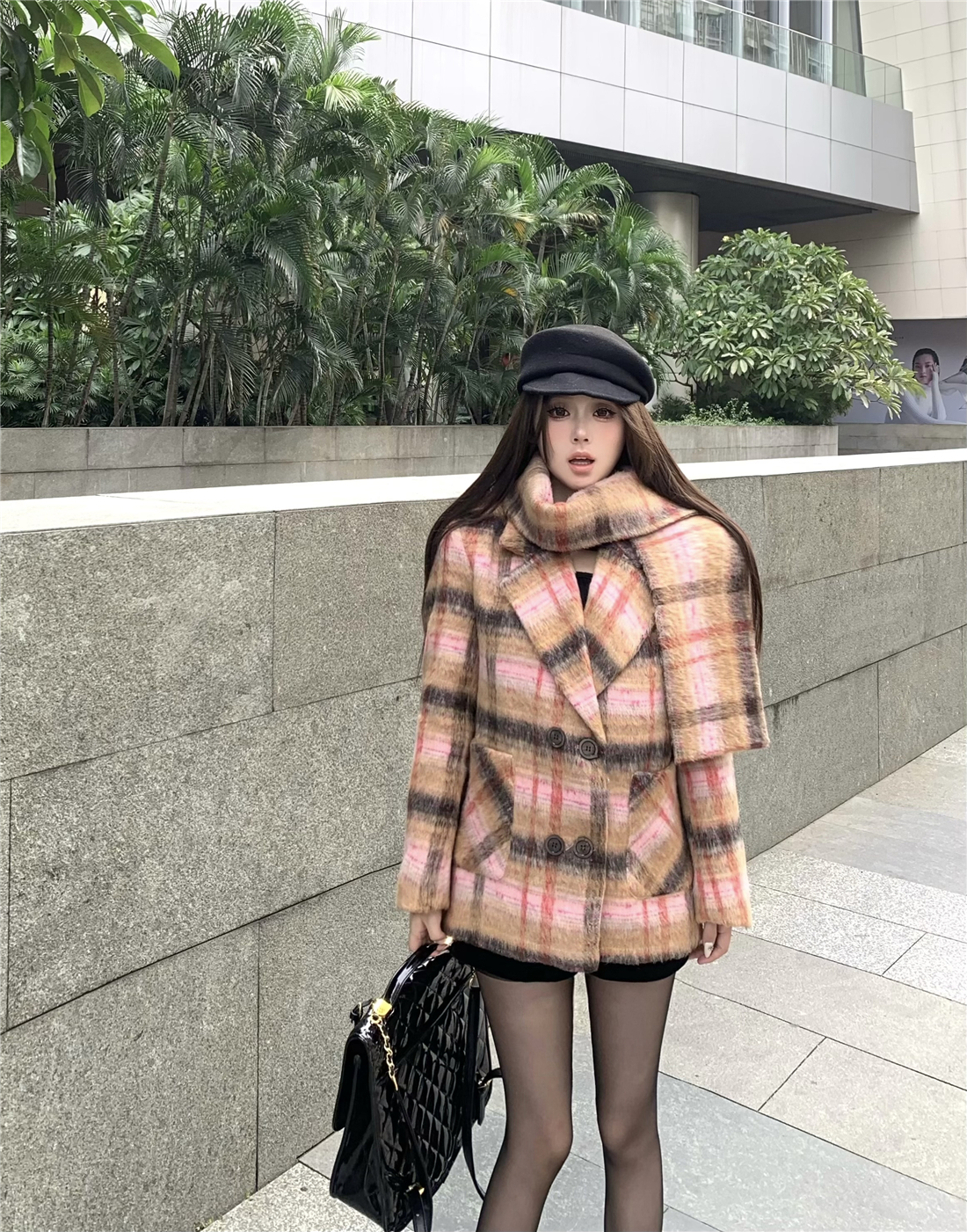格紋毛呢大衣女2023秋冬新款寬鬆中長款羊毛上衣