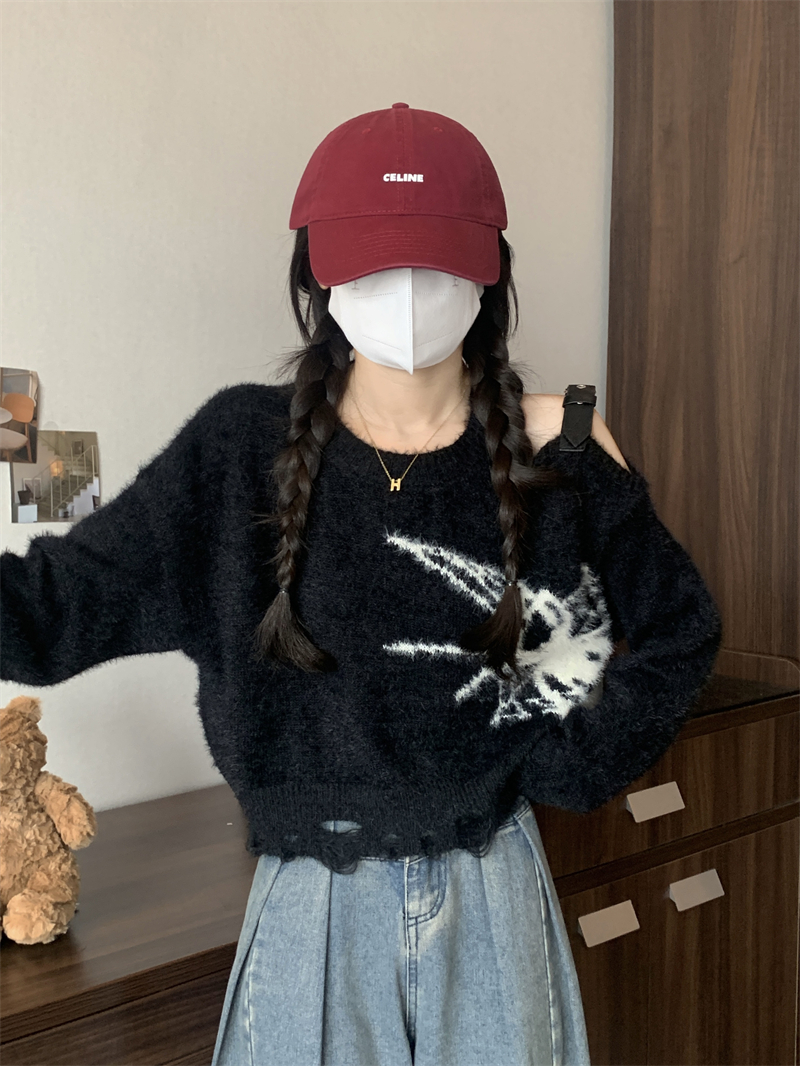實拍 新款甜酷風辣妹蜘蛛提花露肩毛衣女顯瘦短款上衣