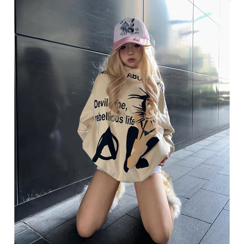 潮牌美式朋克風hiphop連帽衛衣女春秋冬2023新款oversize加絨外套