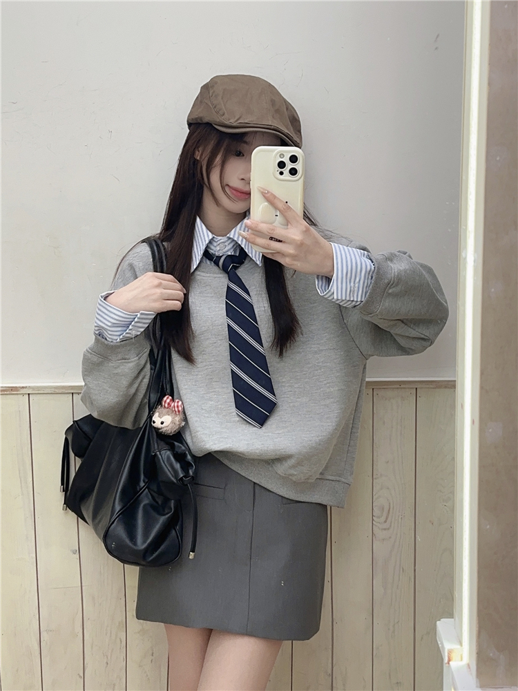 實拍~辣妹復古學院風套裝假兩件拼接衛衣上衣A字半身裙兩件套