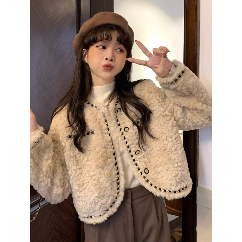 加厚小香風羊羔絨毛外套女冬季寬鬆百搭高級感氣質名媛短款上衣