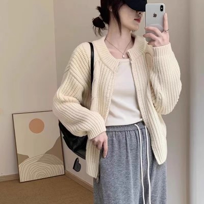 慵懶風麻花針織開衫女2023春秋新款圓領顯瘦上衣薄款長袖毛衣