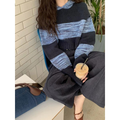 韓系慵懶風條紋連帽毛衣2023新款短款針織衫女寬鬆長袖上衣秋
