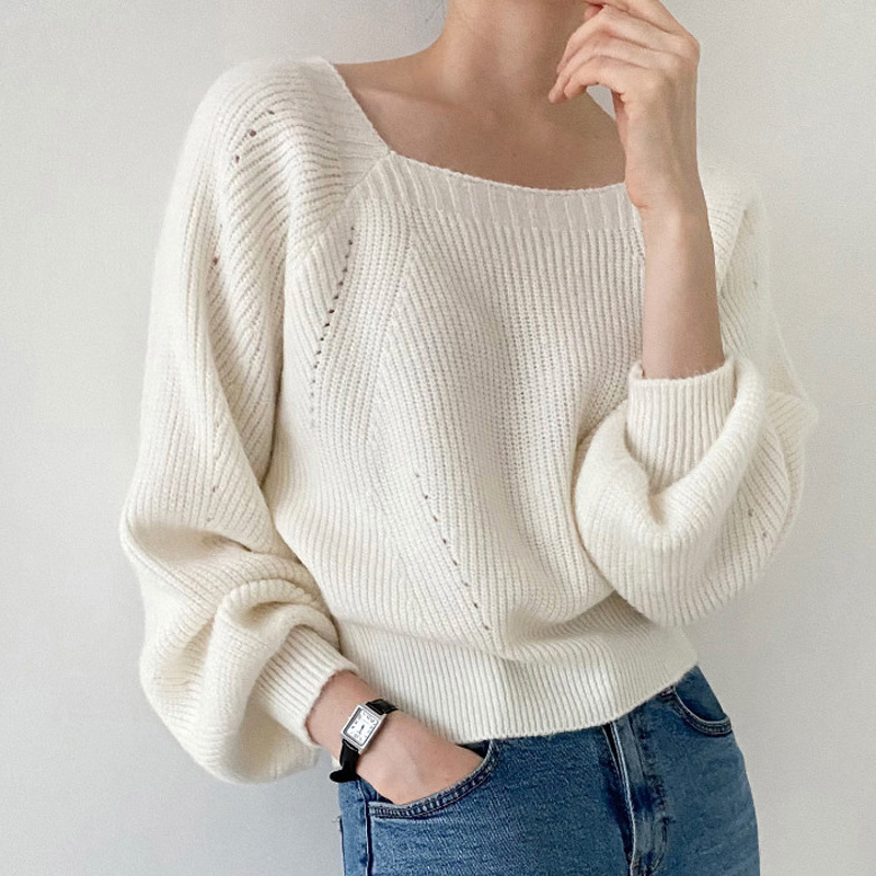 Korean chic autumn and winter French retro square collar exposed collarbone pullover loose casual long-sleeved sweater for women