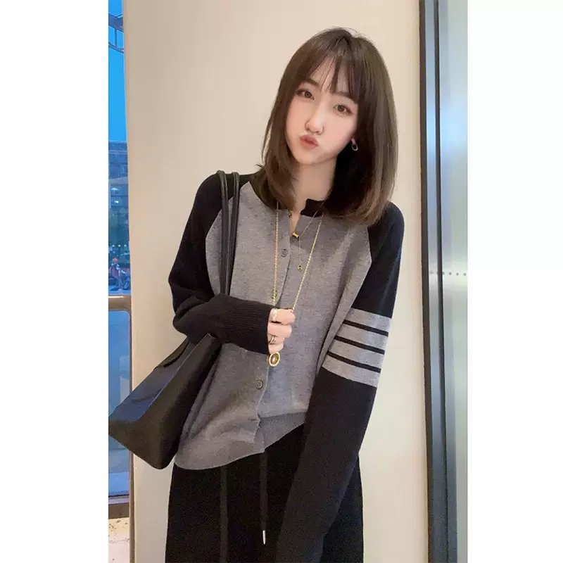 復古十三行修身槓槓條紋針織開衫年秋冬新款設計感毛衣外套女