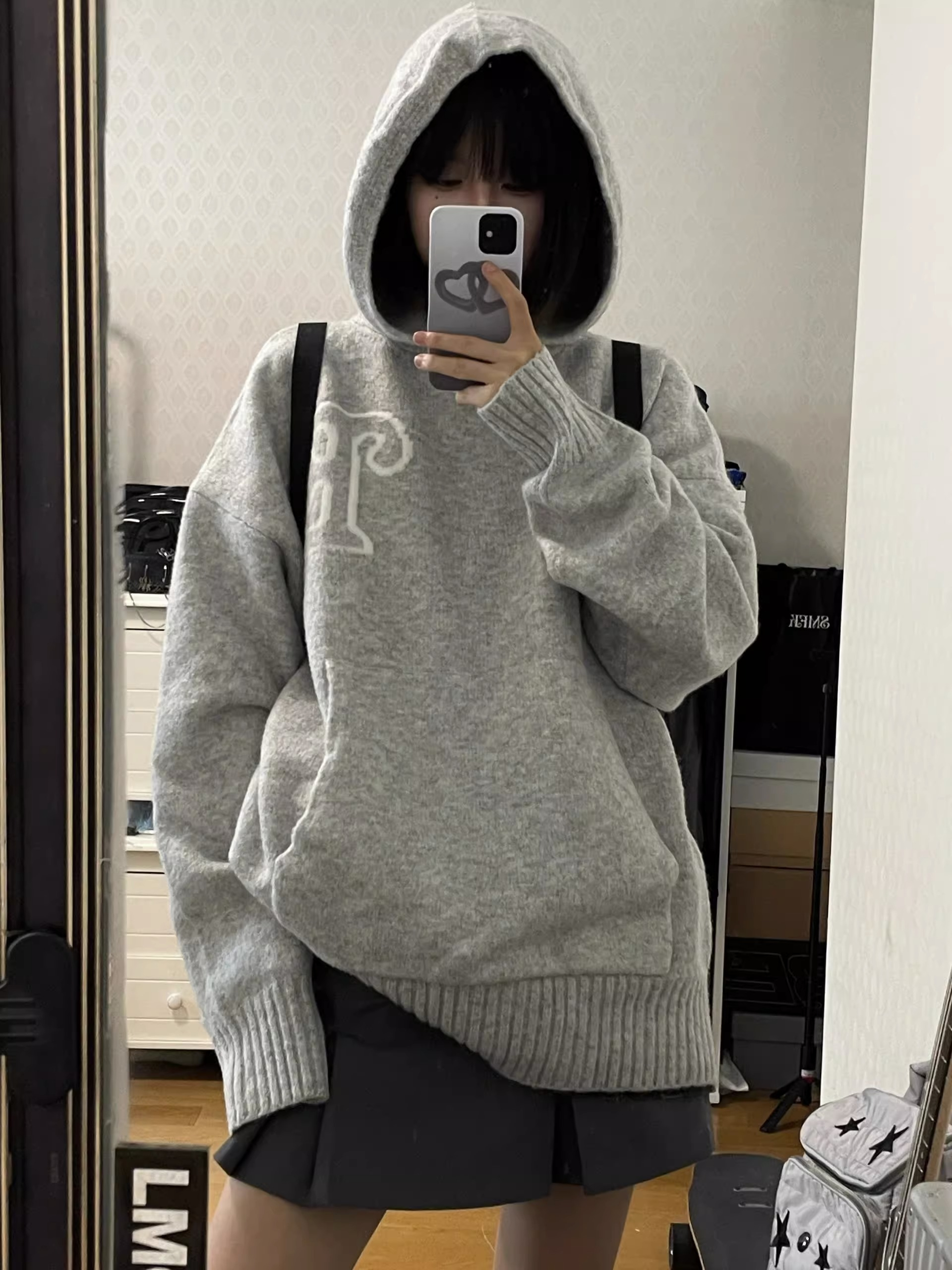 官圖北極絨長袖上衣針織衫女款口袋連帽打底衫2023女秋冬保暖毛衣