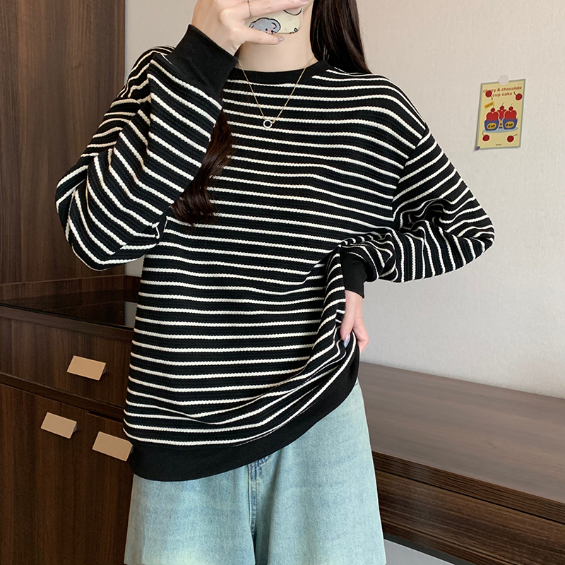 實拍 秋季韓版寬鬆泡芙格圓領條紋中長款大碼薄款衛衣女