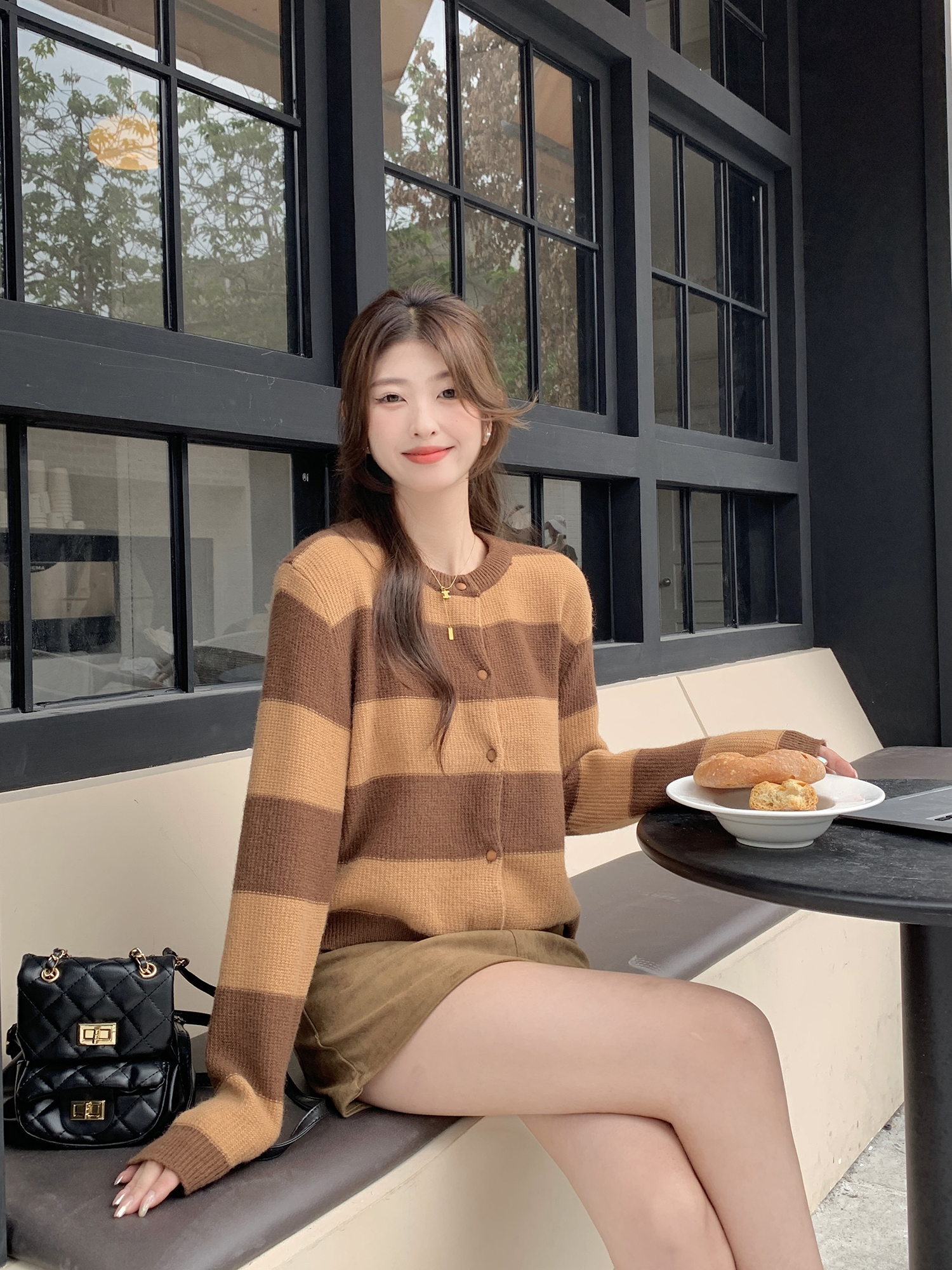 實拍-復古百搭撞色條紋拼接開衫寬鬆顯瘦針織衫外套上衣女