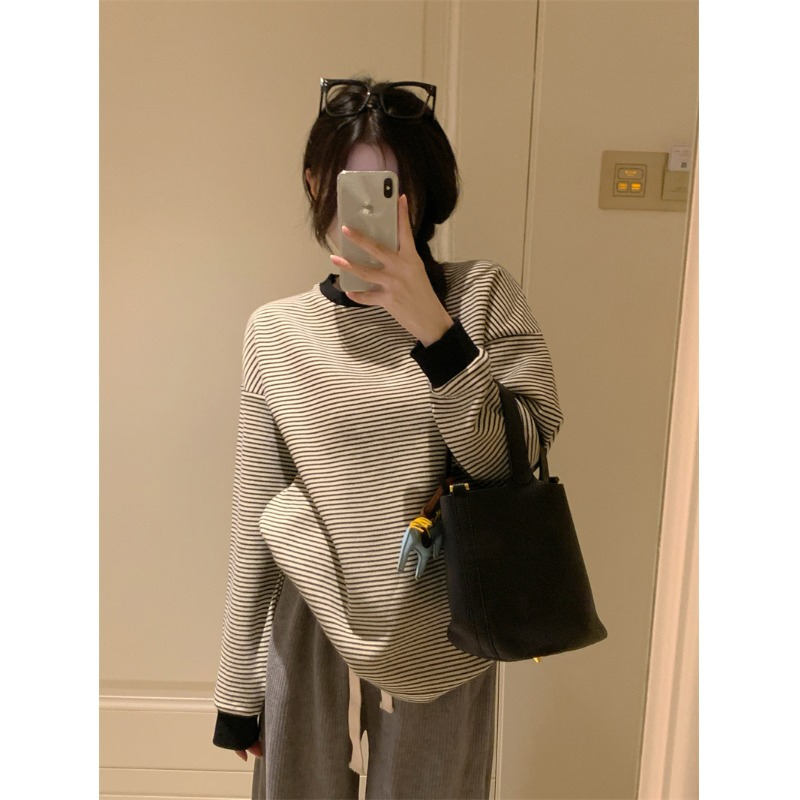 魚鱗套頭條紋長袖T恤女秋季寬鬆百搭圓領休閒學生衛衣