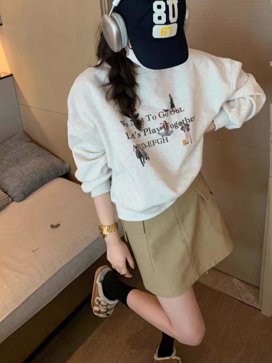 純棉複合 小個子短款衛衣女秋冬裝寬鬆慵懶風長袖圓領上衣
