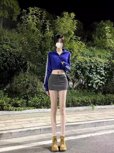 Klein blue sweatshirt women's short navel-baring stand-up collar zipper jacket sexy three-stripe coat autumn