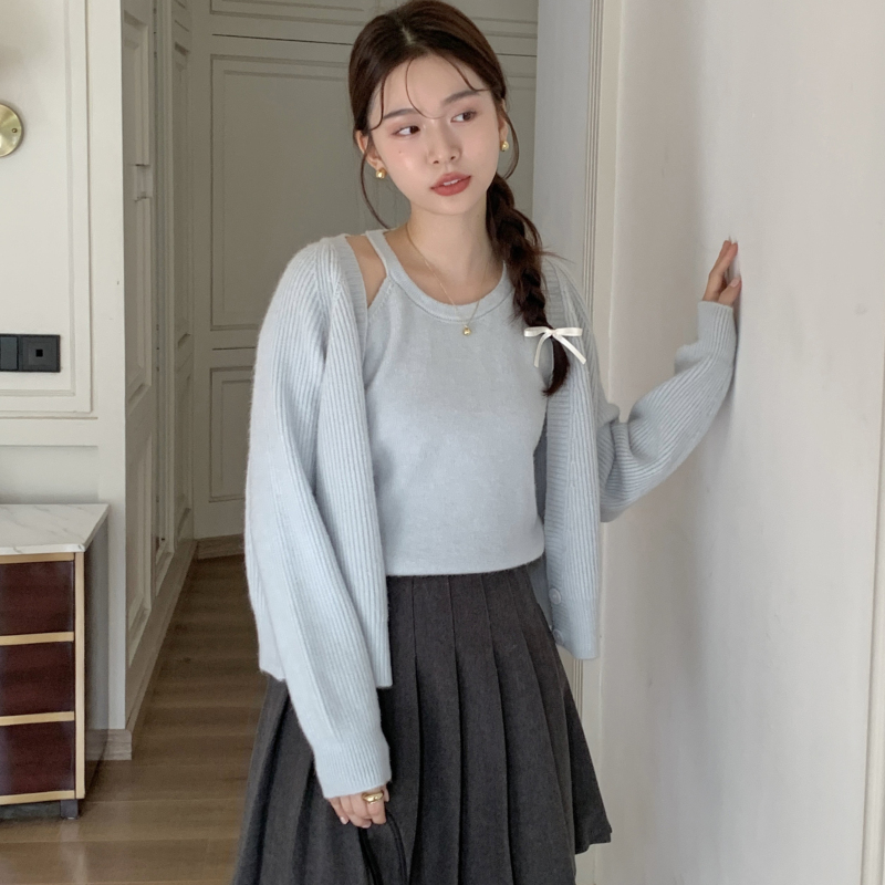 實拍# 簡約 溫柔 針織 雙排扣   兩件套