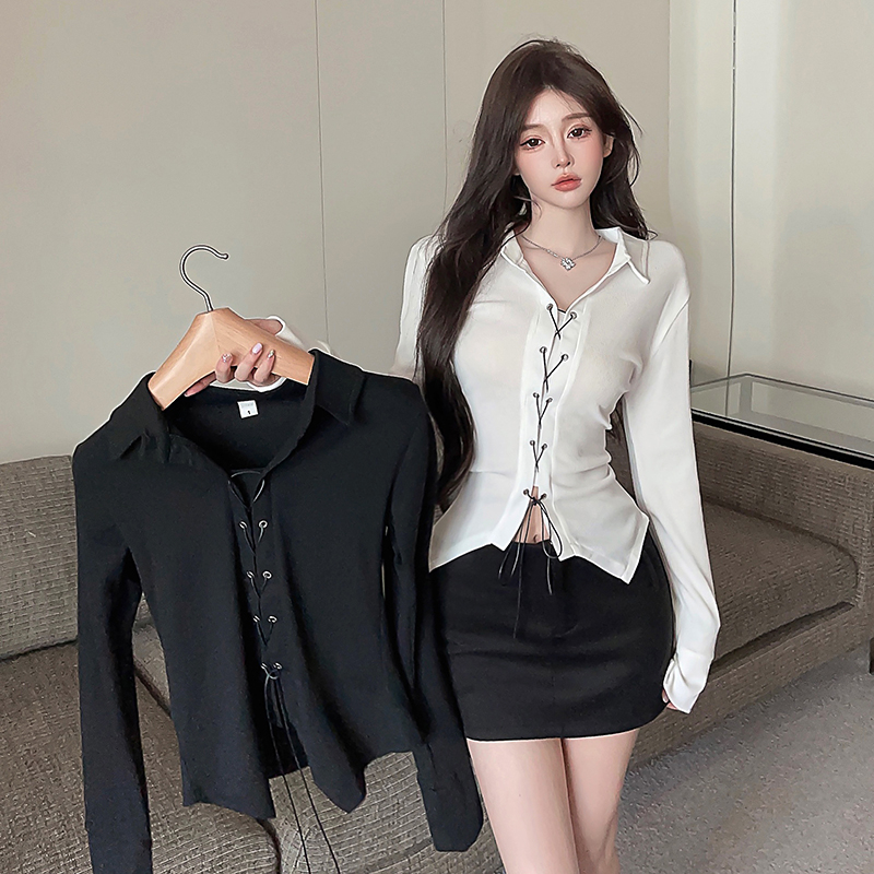 Real shot of Tmall quality short t-shirt for women in spring and autumn hot girl strappy slim shirt polo collar long-sleeved top