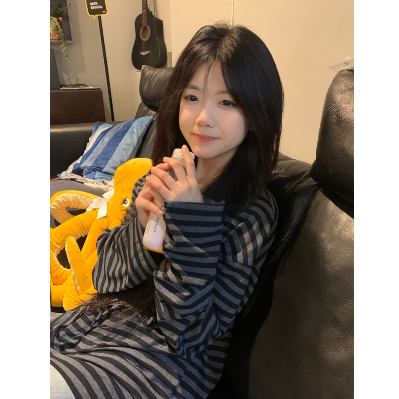 2023#新款 韓版休閒條紋慵懶風長袖t恤女