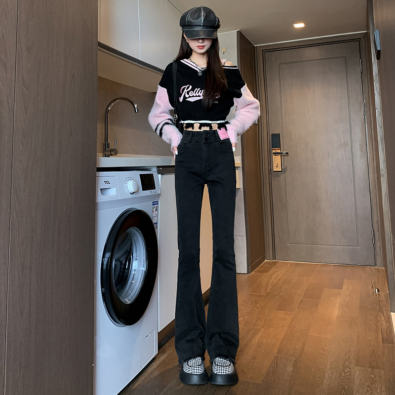 實拍 煙灰色牛仔褲2023年秋季毛邊高腰顯瘦小個子微喇叭褲女秋裝