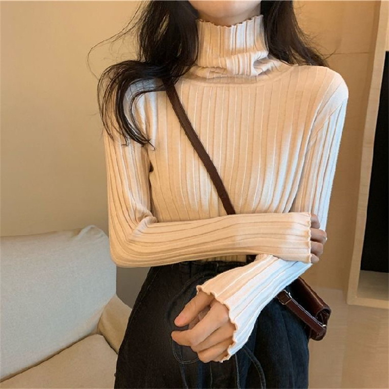 包芯紗堆堆領打底衫女秋冬2023新款軟糯高領坑條內搭針織毛衣