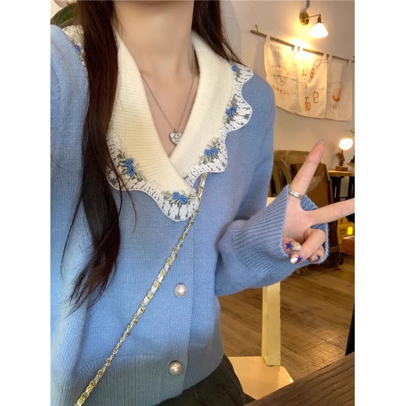韓版高級設計甜美奶藍色時尚小個子針織上衣