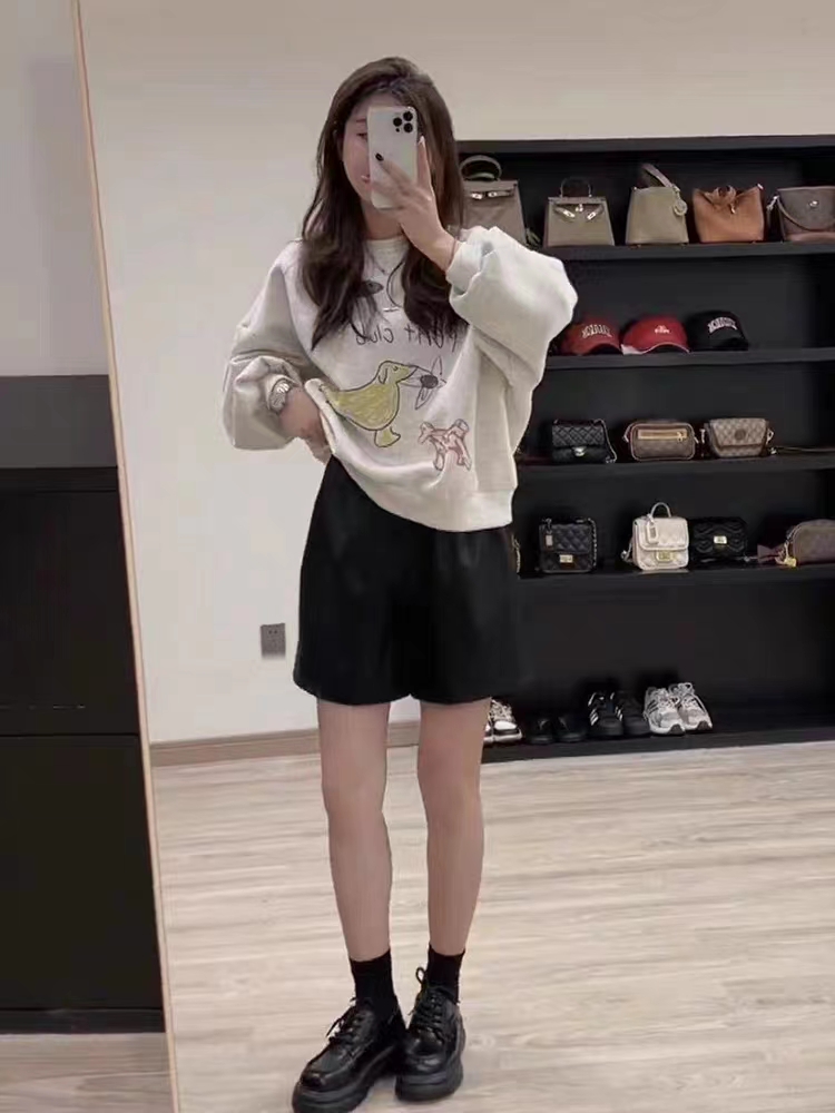 純棉複合 小個子短款衛衣女秋冬裝寬鬆慵懶風長袖圓領上衣