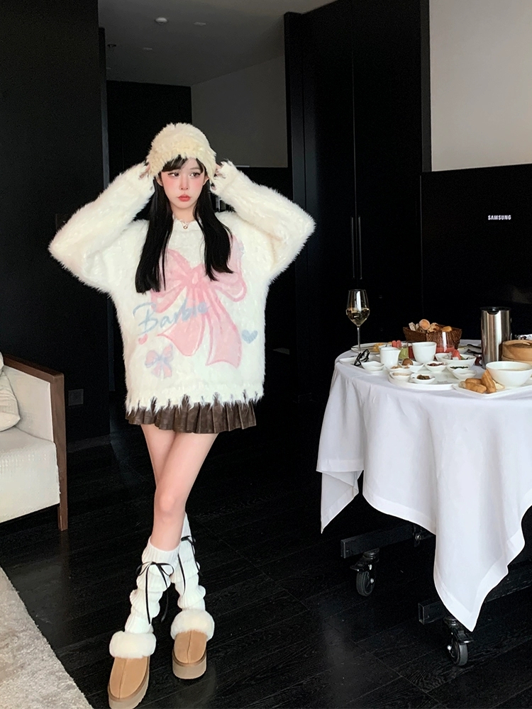 芭比姨蝴蝶結馬海毛毛衣女秋冬加厚外穿寬鬆慵懶風軟糯套頭上衣
