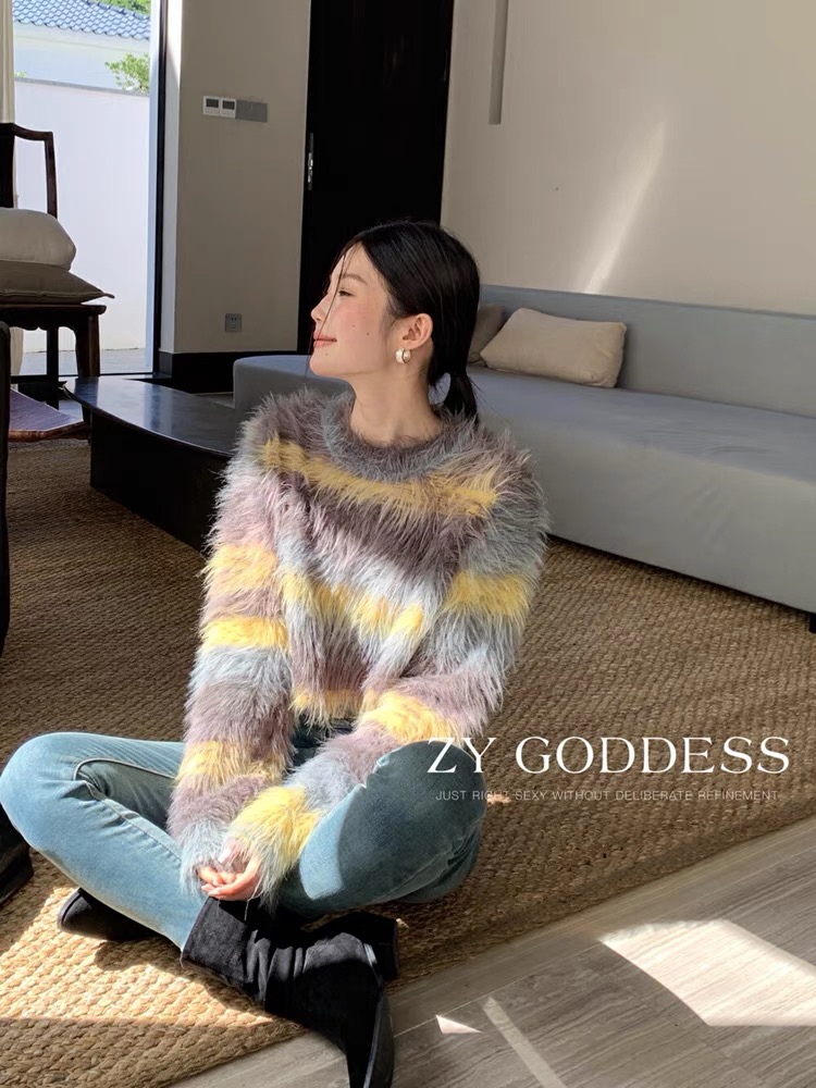 ZY2023秋冬新款高雅氣質漸變色仿水貂毛長袖毛衣女高級感軟糯上衣