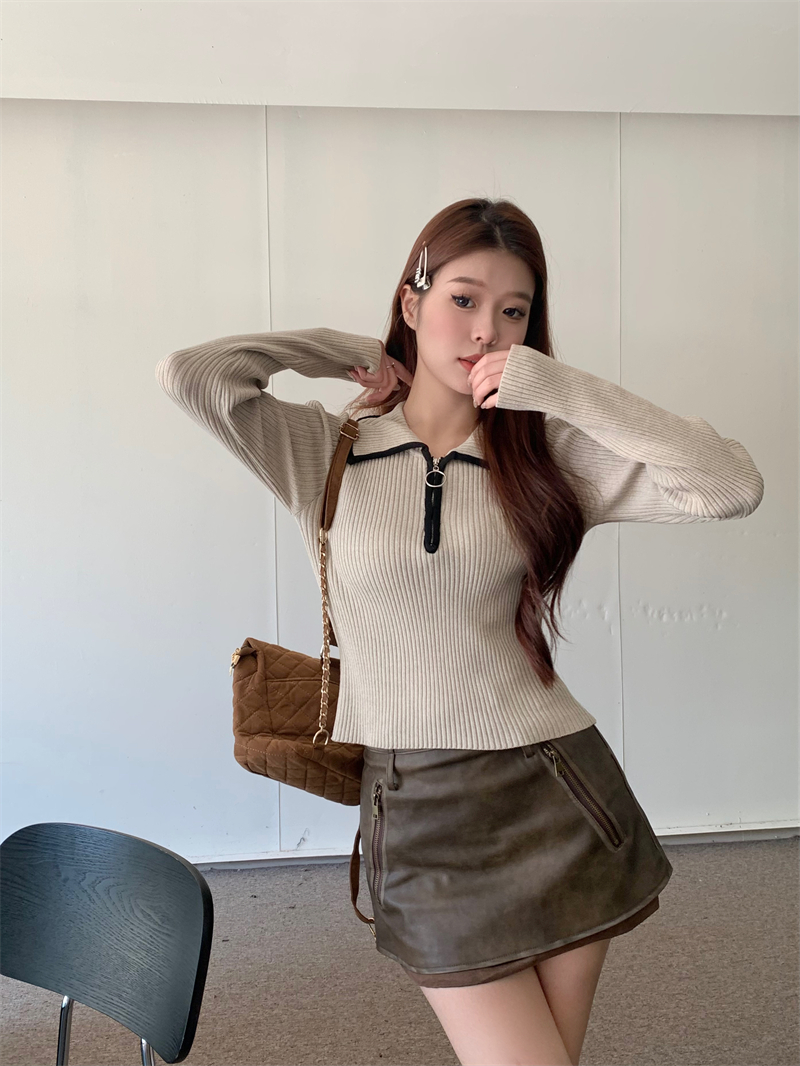 實拍新款秋冬韓版復古翻領撞色拉鏈百搭修身顯瘦毛針織衫上衣