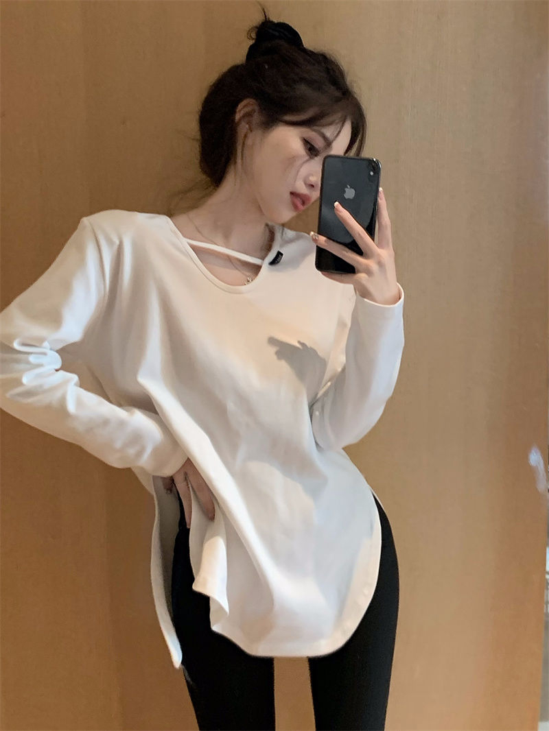 德絨長袖T恤女裝u領秋冬季寬鬆設計感小眾上衣打底衫潮