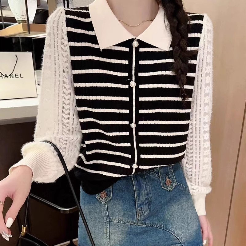 條紋polo領針織拼接袖子開衫女秋冬加厚法式小香風翻領長袖上衣