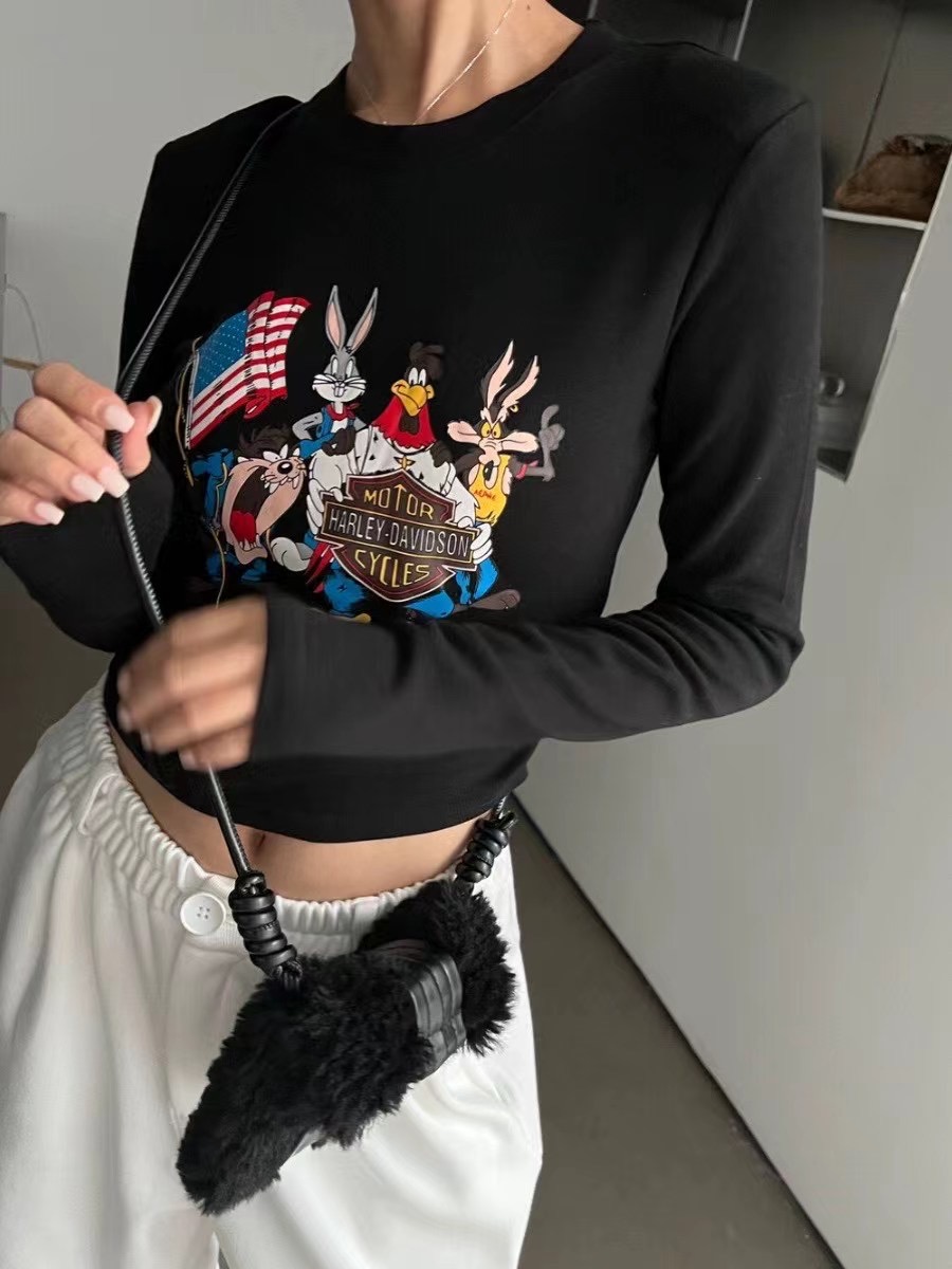 美式卡通印花圓領不規則露腰T恤女秋季辣妹短款磨毛打底衫潮