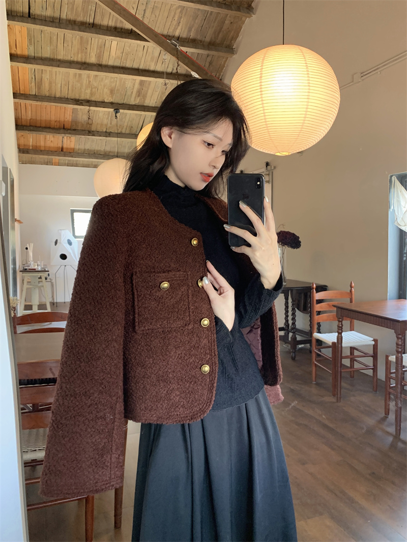 冬季新款韓系單排扣百搭上衣圓領高品質羊毛加棉小香風外套女套裝