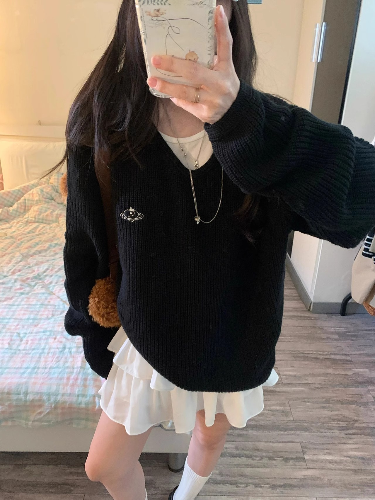 美式復古長袖針織衫女秋冬黑色v領毛衣寬鬆休閒外套oversize上衣