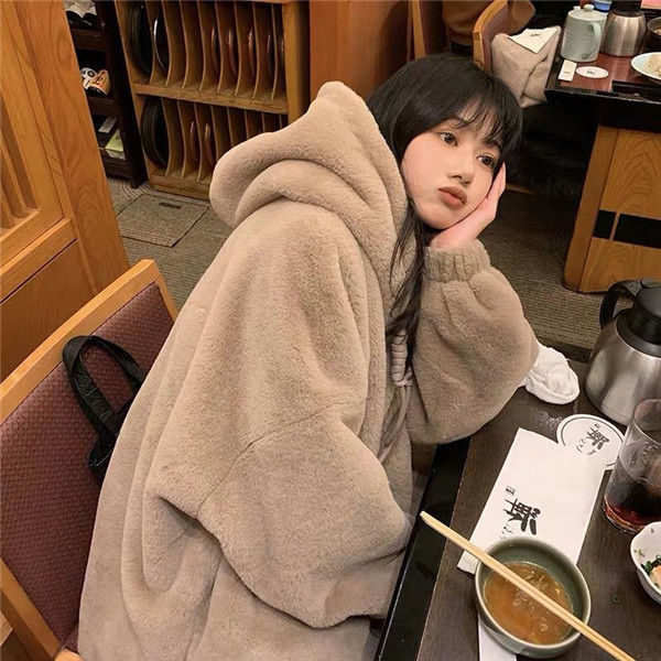 原版質量加內里連帽羊羔毛外套女秋冬加絨加厚oversize保暖棉服