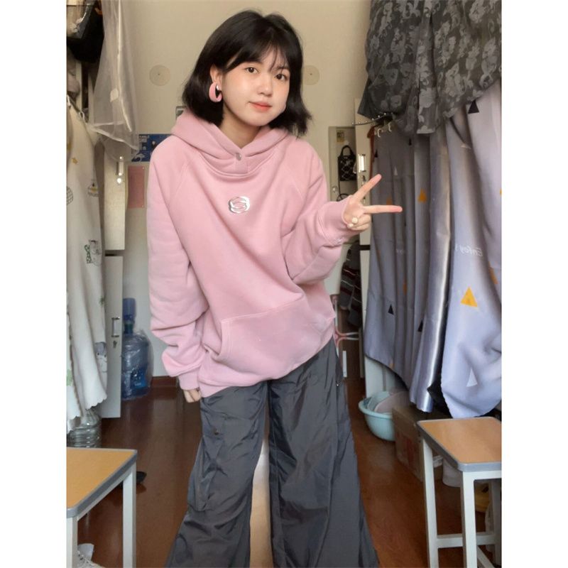 美式小眾慵懶風寬鬆百搭打紐扣 發泡印花 秋冬連帽衛衣