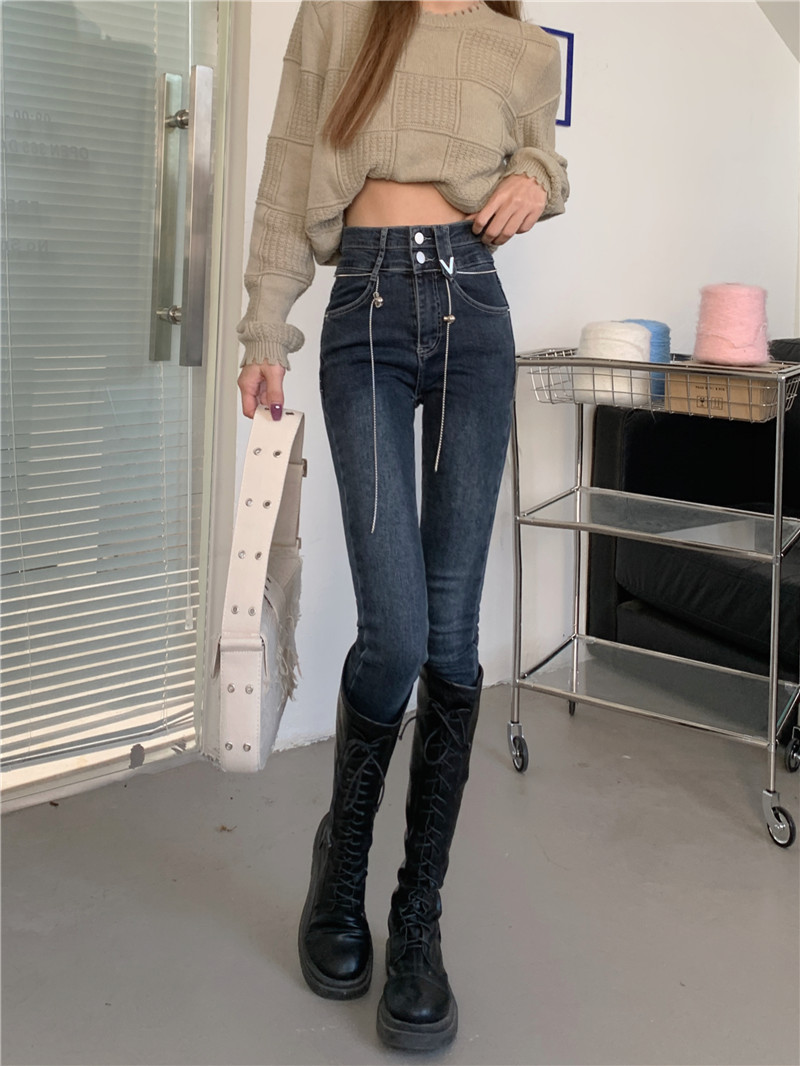 實拍~高腰緊身抓絨小腳牛仔褲子女顯瘦新款ins潮小眾設計
