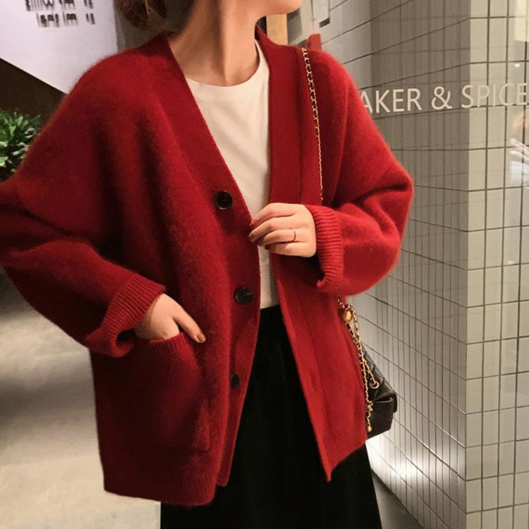 2023秋季法式復古黑色氣質v領毛衣外套女開衫中長款寬鬆慵懶風女