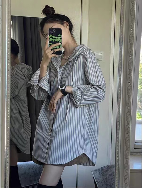 小眾設計感寬鬆oversize連帽中長款條紋襯衫百搭防曬
