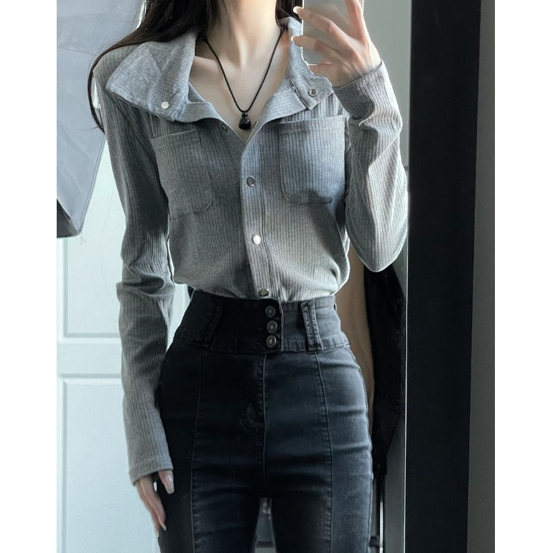 POLO領短款新款衫女春季新款設計感潮灰色長袖辣妹修身內搭上衣