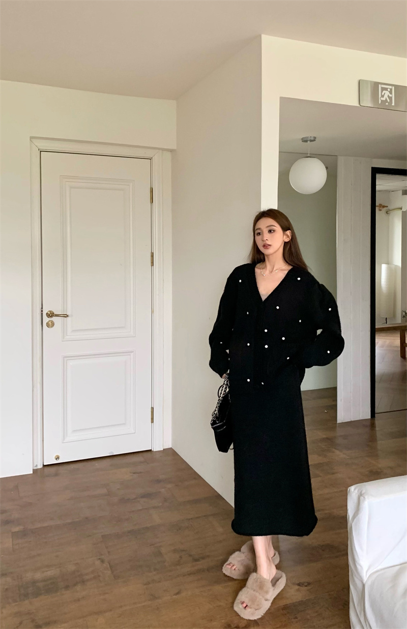 Actual shot of retro style design heavy knitted sweater skirt suit