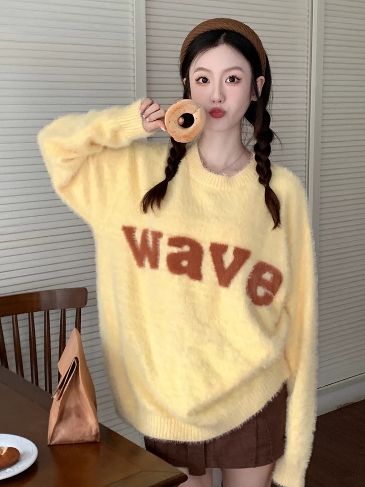 POPWAVE 美式復古秋冬套頭圓領仿水貂毛衣休閒百搭基礎款情侶VERB