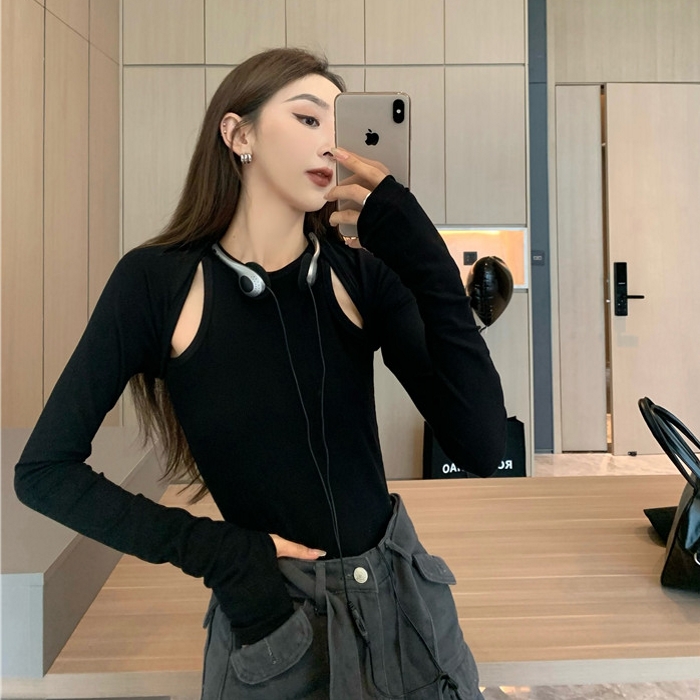 Official picture double-sided German velvet brushed T-shirt for women long-sleeved hollow hot girl style bottoming shirt for women